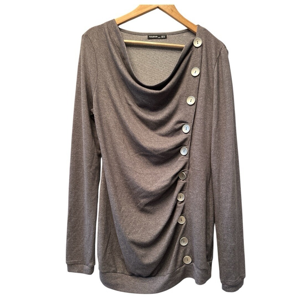 PattyBoutik MAMA Maternity Cowl Neck Button Side Draped Top Brown Size Medium